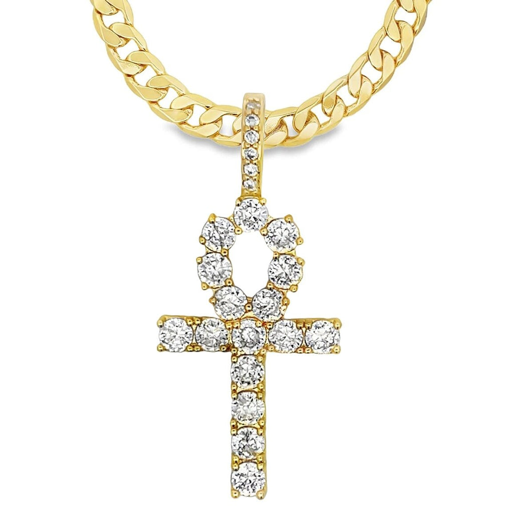 [$1] Gold Chain Necklaces 6MM Cuban 18 IN Ankh Tennis Cross CZ Iced Out Pendant ($119 VALUE) Just $19.99 HipHopBling