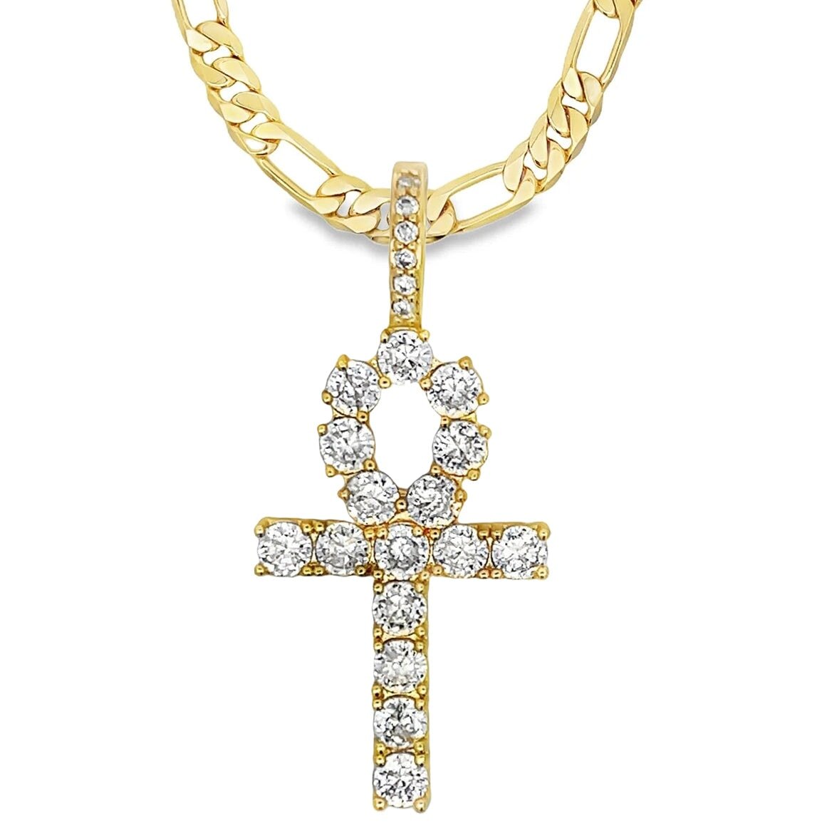 [$1] Gold Chain Necklaces 6MM Figaro 18 IN Ankh Tennis Cross CZ Iced Out Pendant ($119 VALUE) Just $19.99 HipHopBling