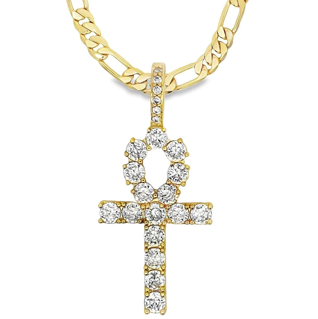 [$1] Gold Chain Necklaces 6MM Figaro 18 IN Ankh Tennis Cross CZ Iced Out Pendant ($119 VALUE) Just $19.99 HipHopBling
