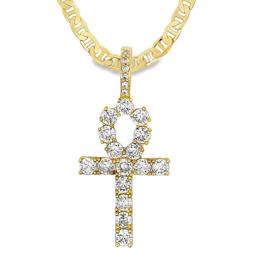 [$1] Gold Chain Necklaces 6MM Mariner 18 IN Ankh Tennis Cross CZ Iced Out Pendant ($119 VALUE) Just $19.99 HipHopBling