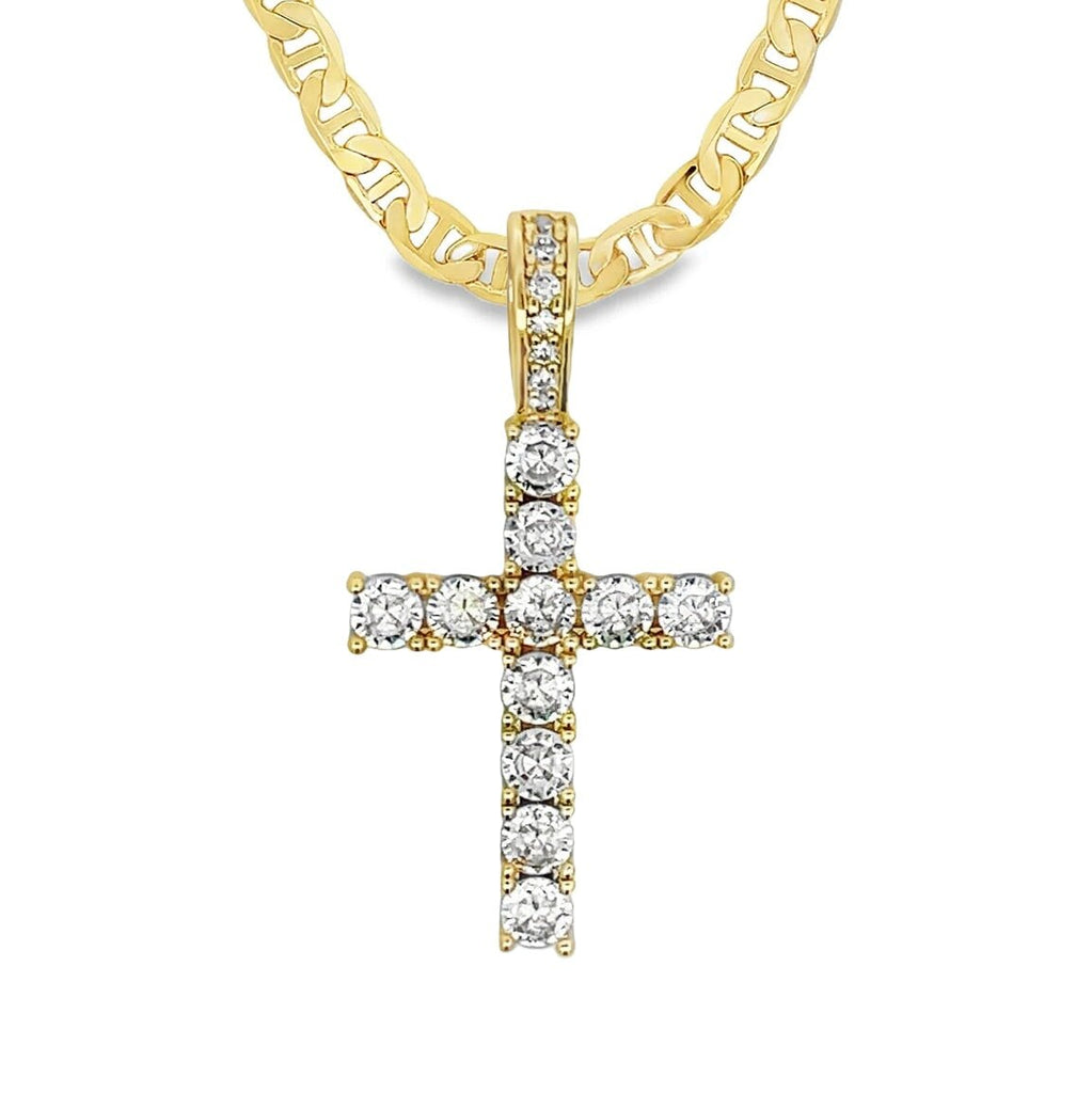 [$1] Gold Chain Necklaces 6MM Mariner 18 IN Tennis Cross CZ Iced Out Pendant ($119 VALUE) Just $19.99 [BEST SELLER] HipHopBling