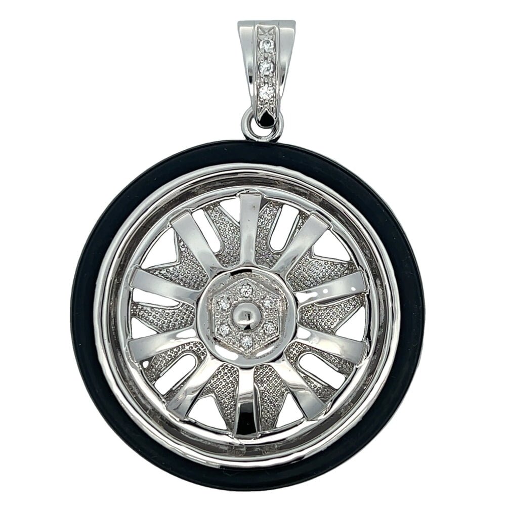 10 Spoke Spinner Rim with Tire CZ Pendant .925 Sterling Silver HipHopBling
