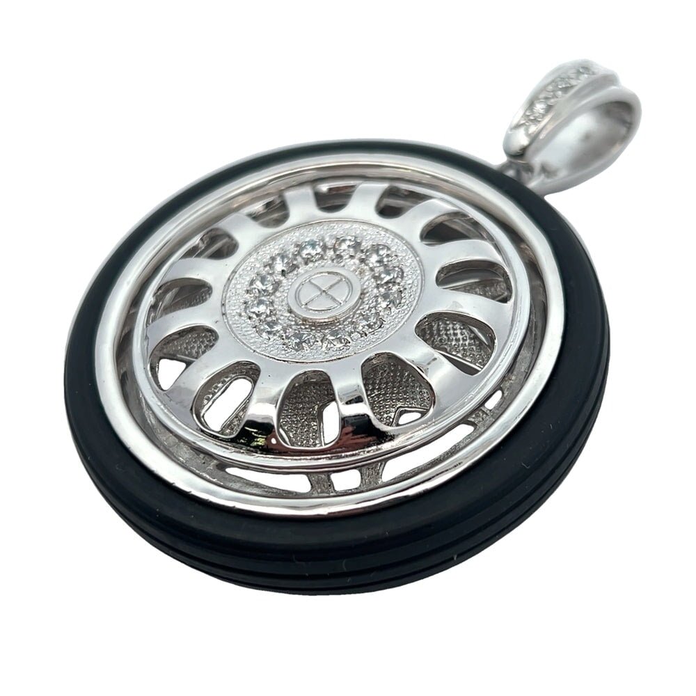 12 Spoke Spinner Rim with Tire CZ Pendant .925 Sterling Silver HipHopBling