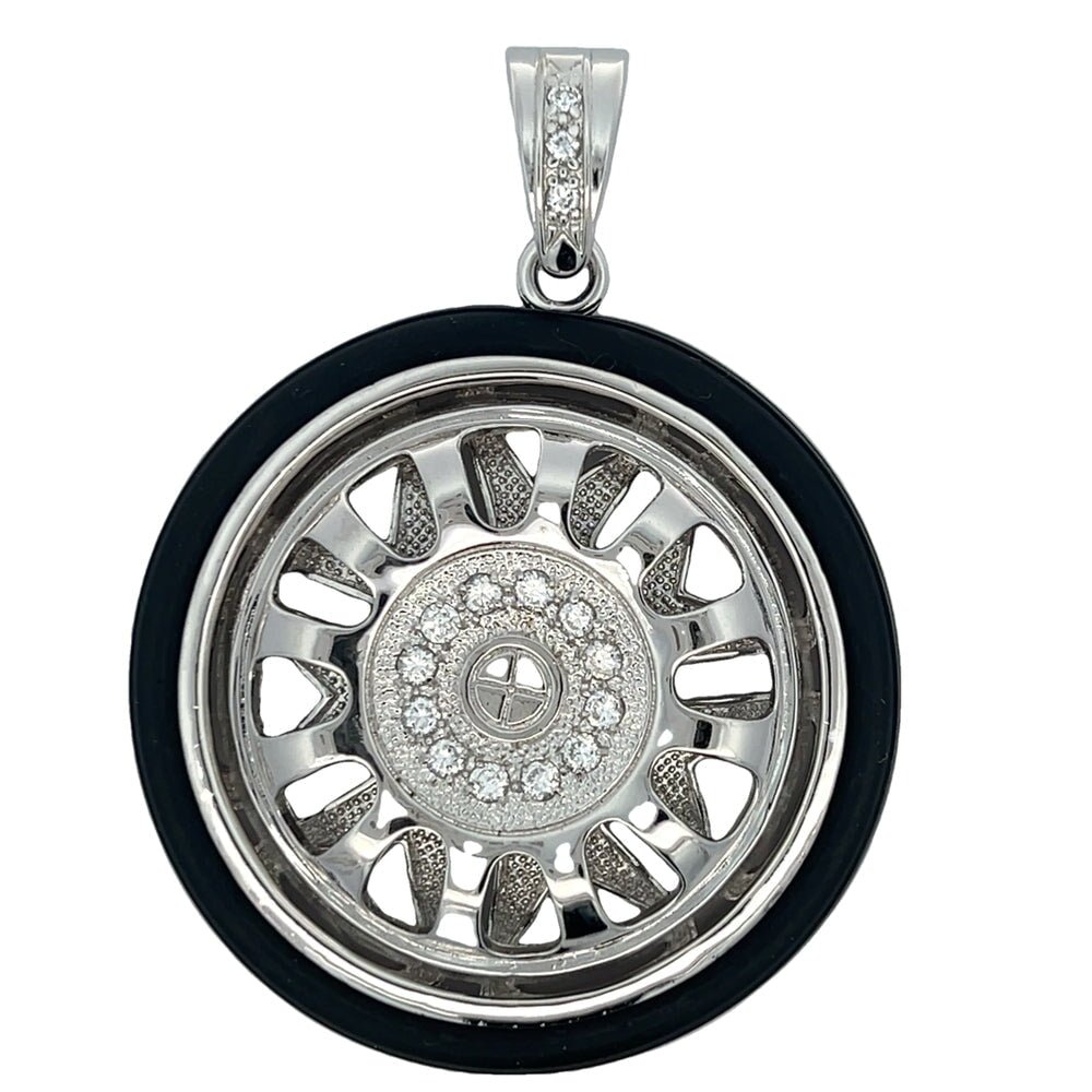 12 Spoke Spinner Rim with Tire CZ Pendant .925 Sterling Silver HipHopBling