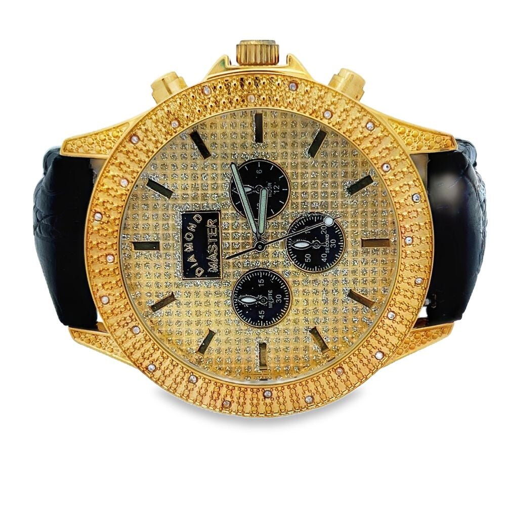 .25 Carat Diamond Pave Watch w/ Leather Band Gold HipHopBling