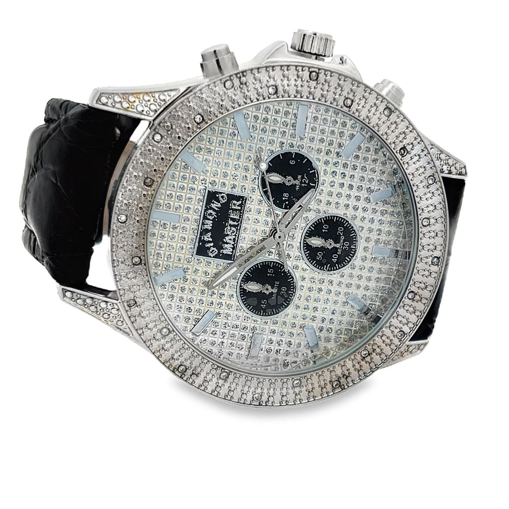 .25 Carat Diamond Pave Watch w/ Leather Band Silver HipHopBling