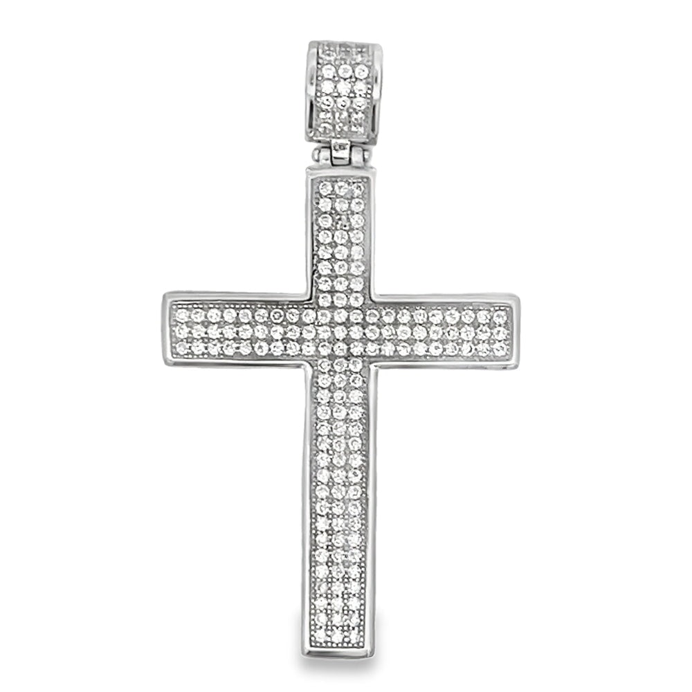 3 Row Cross Pave CZ Pendant .925 Sterling Silver White Gold HipHopBling