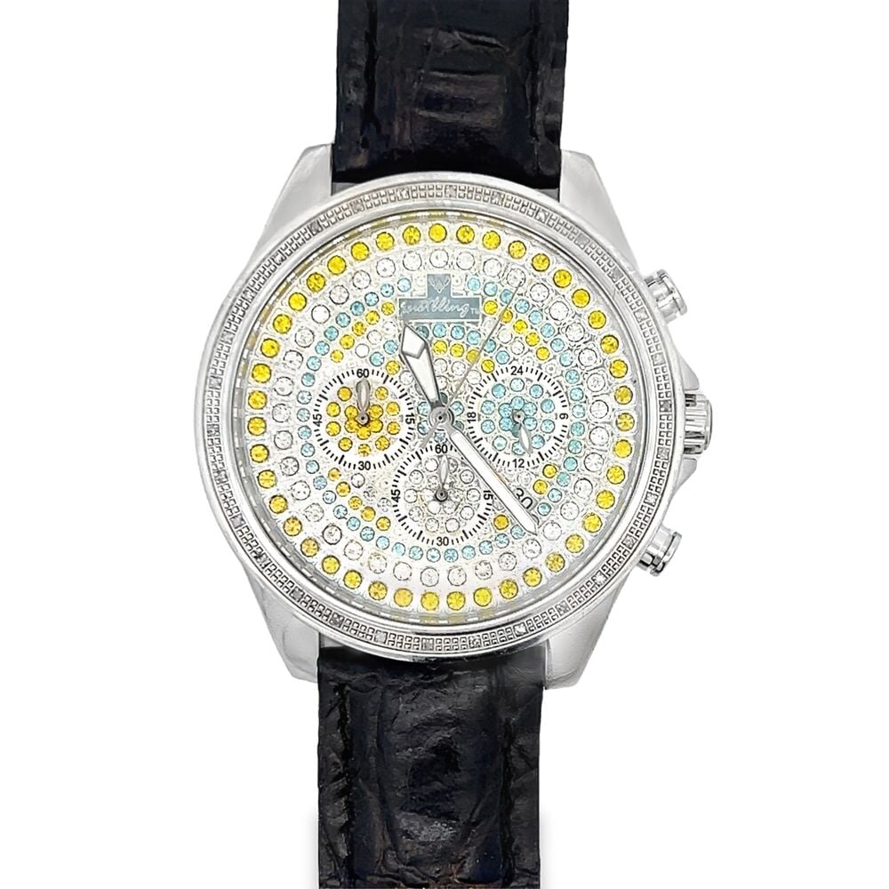.30cttw Diamond Multi Color Pave Dial Watch w/ Leather Band HipHopBling