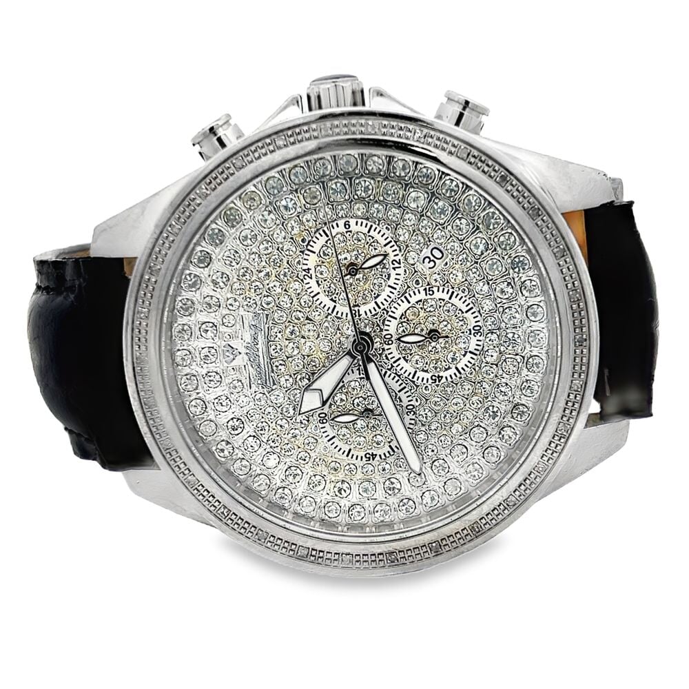 .30cttw Diamond Pave Dial Watch w/ Leather Band Black HipHopBling