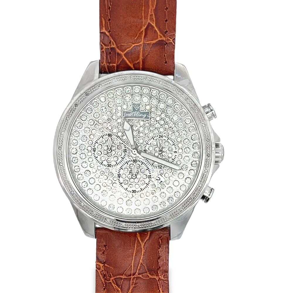 .30cttw Diamond Pave Dial Watch w/ Leather Band Brown HipHopBling