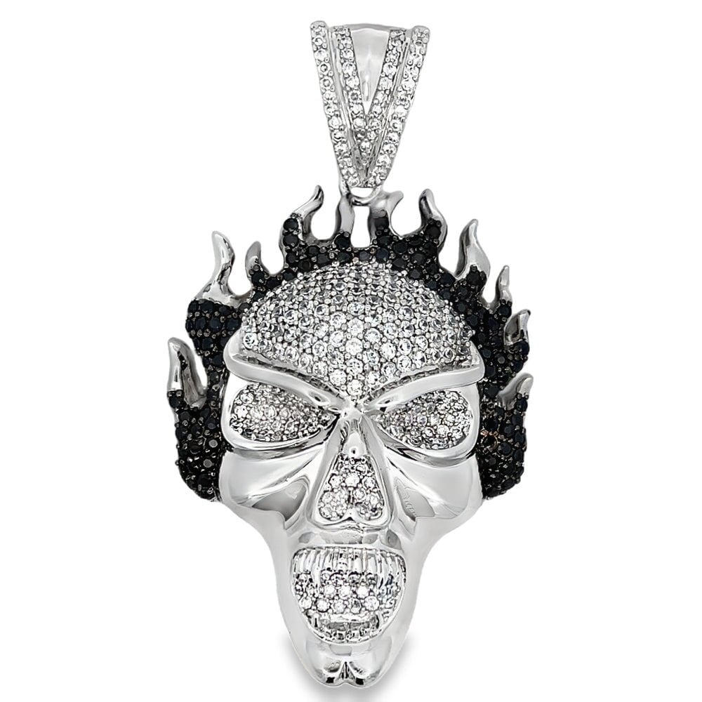 3D Fire Skull CZ Iced Out Pendant HipHopBling