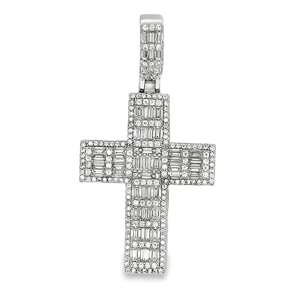 3D Layered Baguette Cross Iced Out Moissanite Pendant .925 Sterling Silver HipHopBling