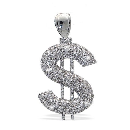 3D Money Sign Dollar Symbol Iced Out Hip Hop Pendant White Gold HipHopBling