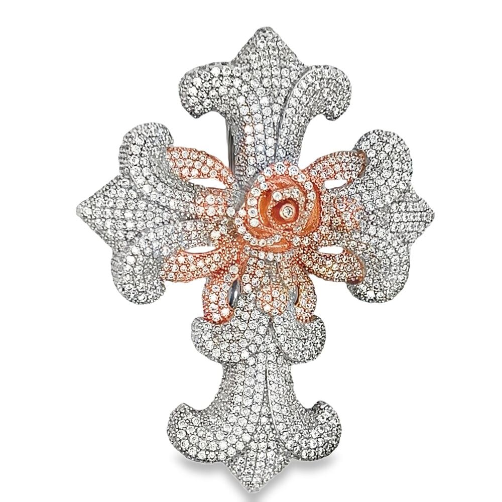 3D Rose Cross Iced Out Moissanite Pendant .925 Sterling Silver 2 Tone Rose/White HipHopBling