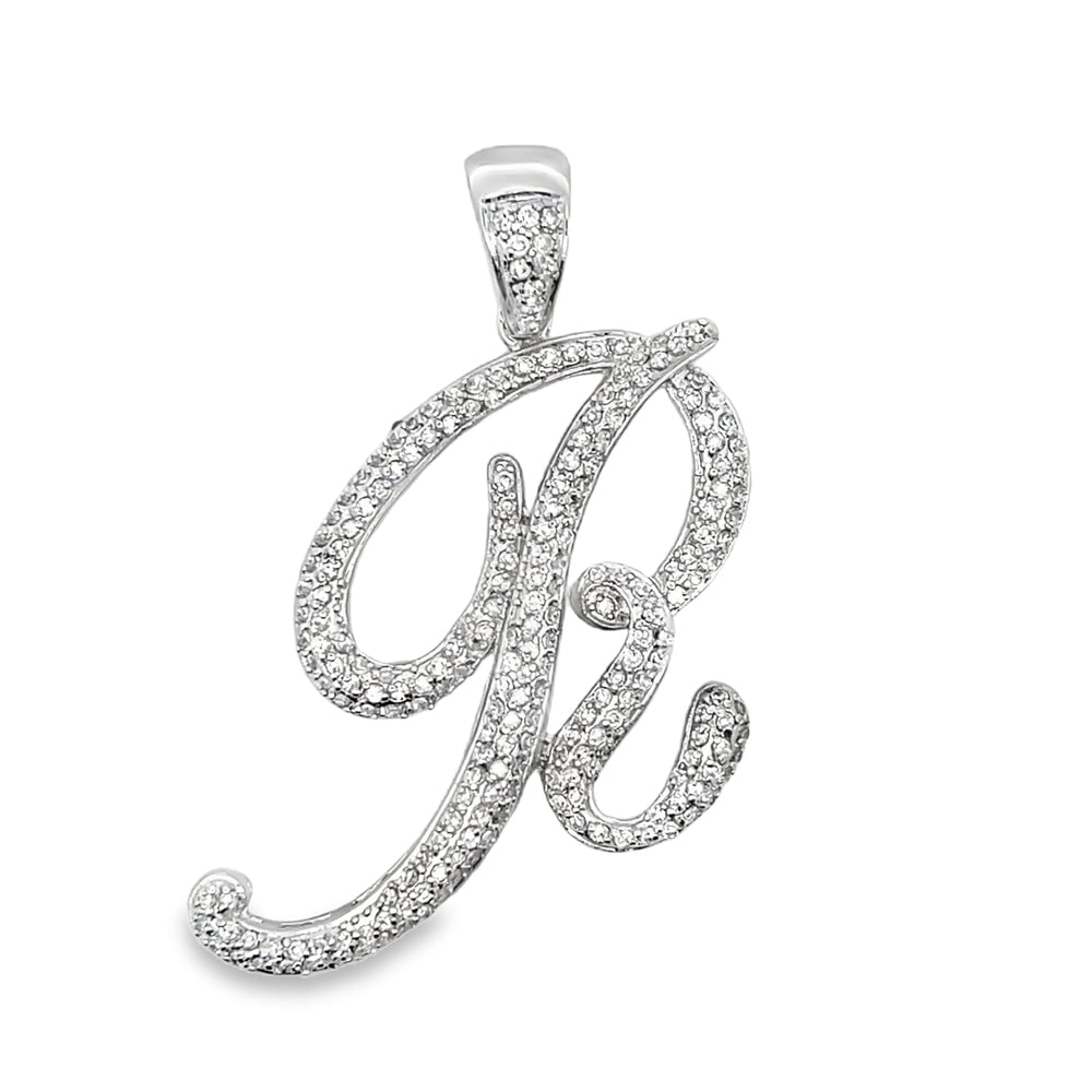 3D Script Initial Letter White CZ Iced Out Pendant R HipHopBling