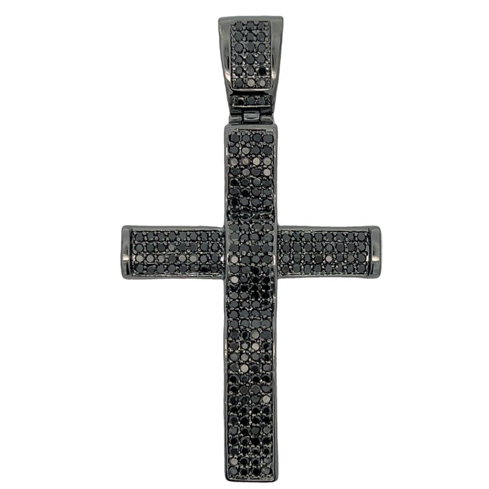 4 Row Rounded Black Cross CZ Pendant .925 Sterling Silver HipHopBling
