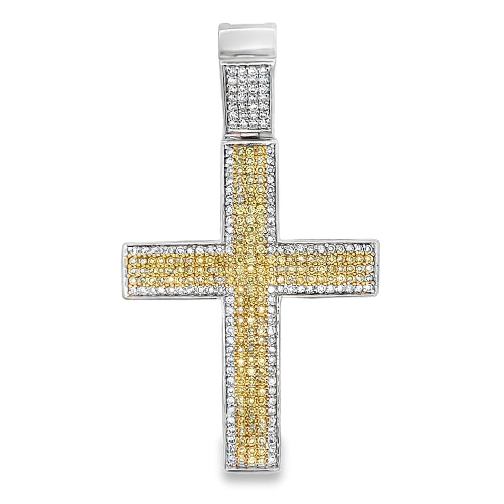 5 Row White Yellow Cross CZ Pendant .925 Sterling Silver HipHopBling