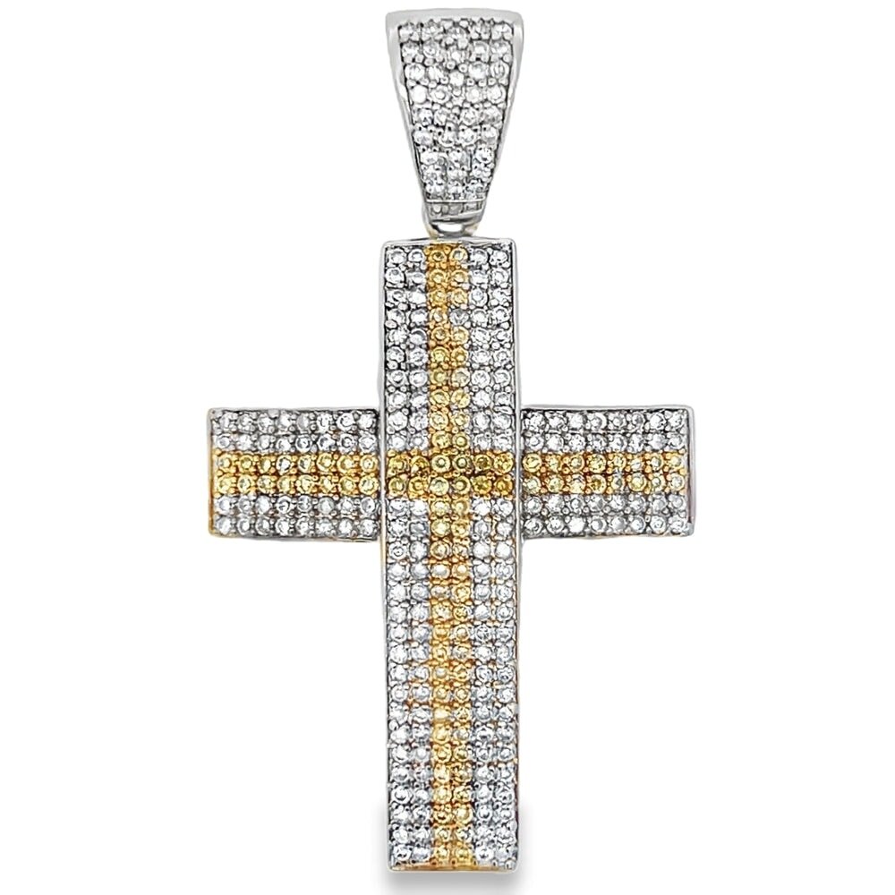 6 Row White Yellow Cross CZ Pendant .925 Sterling Silver HipHopBling