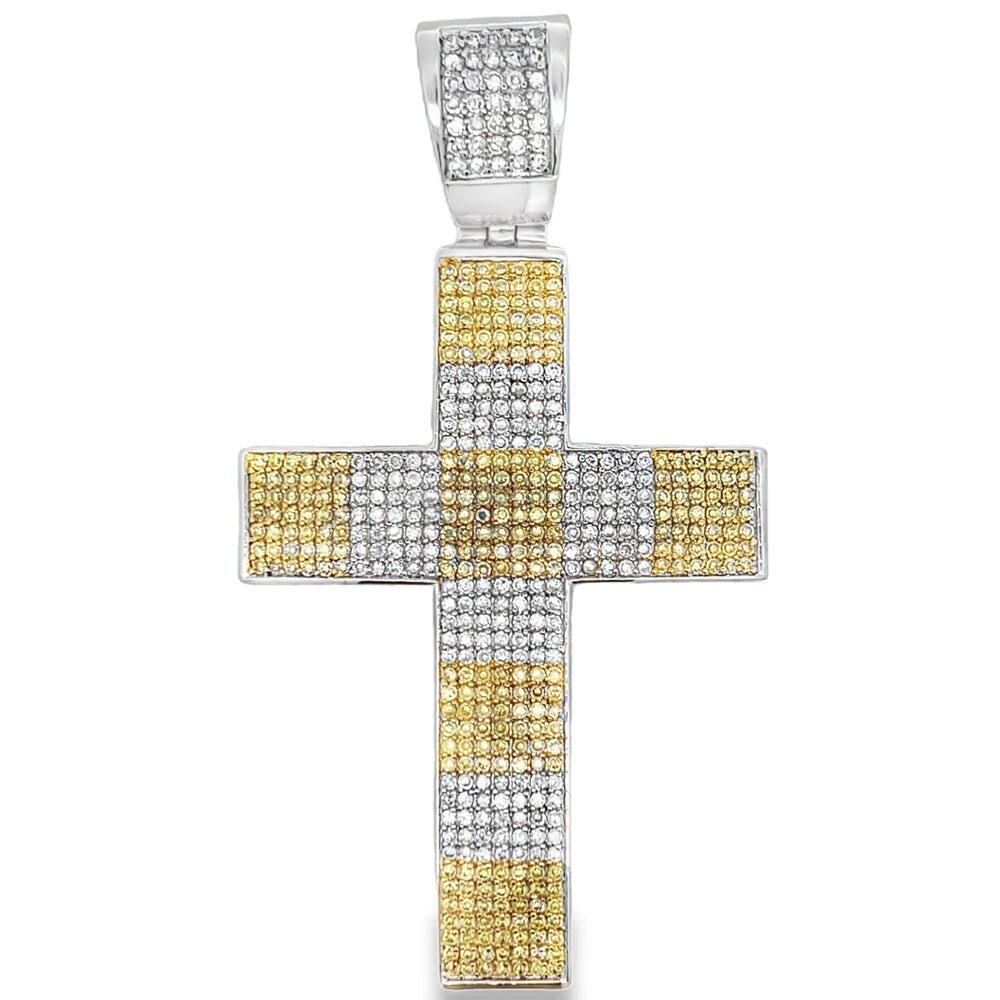 7 Row White Yellow Cross CZ Pendant .925 Sterling Silver HipHopBling