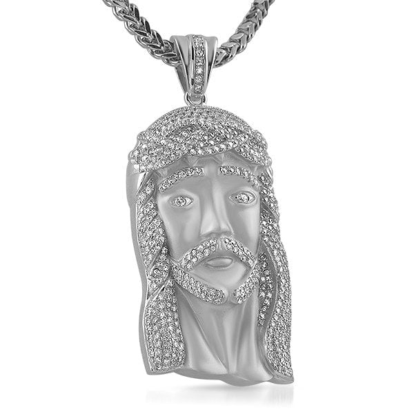 .925 Sterling Silver Large Jesus Piece CZ Pendant White Gold HipHopBling