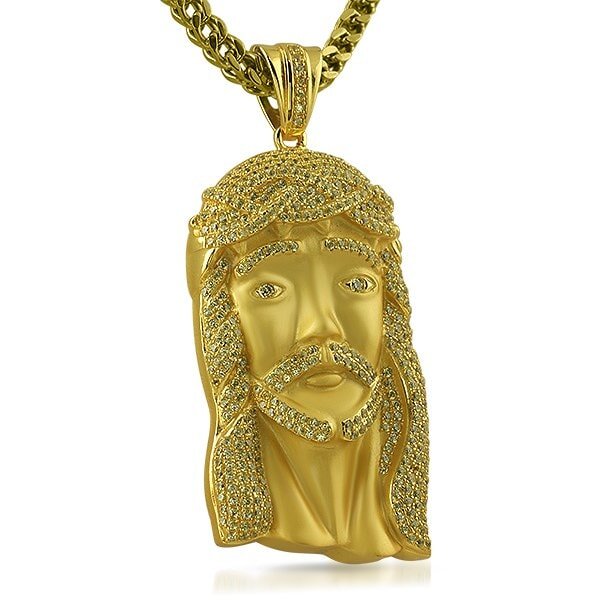 .925 Sterling Silver Large Jesus Piece CZ Pendant Yellow Gold with Yellow CZ HipHopBling