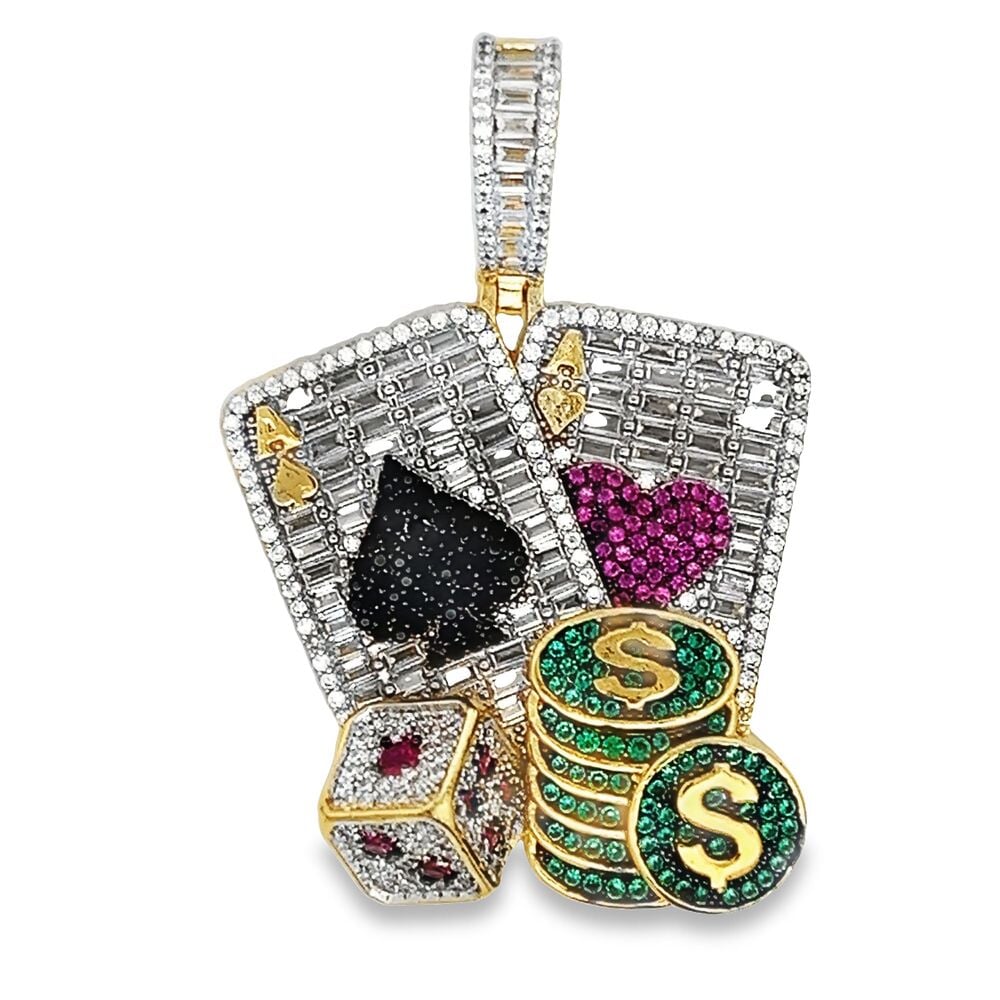 Aces Poker Chips CZ Hip Hop Iced Out Pendant Yellow Gold HipHopBling