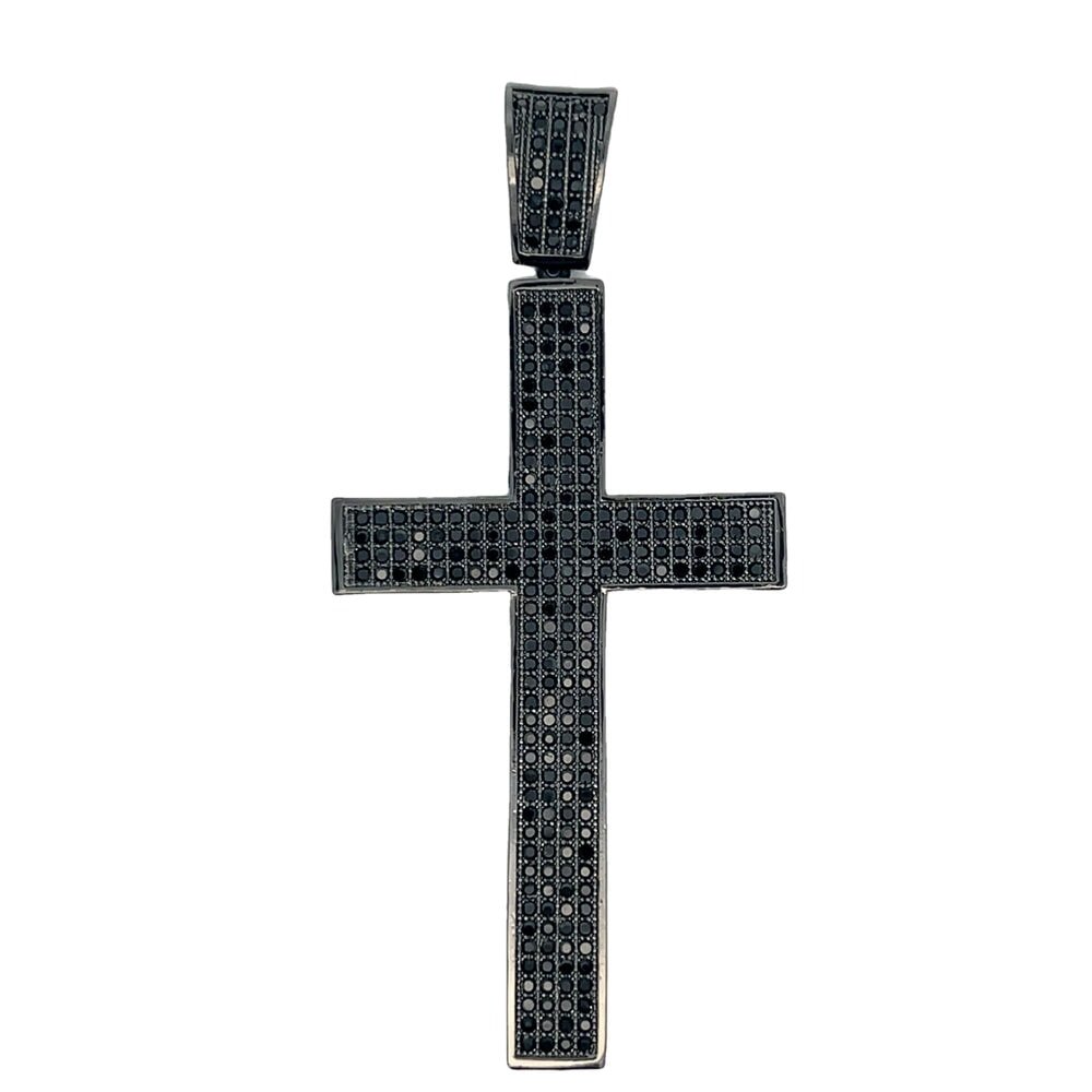 All Black Tall 4 Row Cross CZ Iced Out Pendant HipHopBling