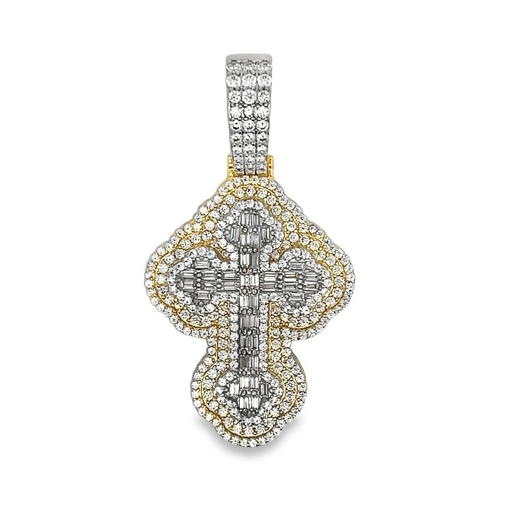 Baguette Clover Cross CZ Hip Hop Iced Out Pendant Yellow Gold HipHopBling