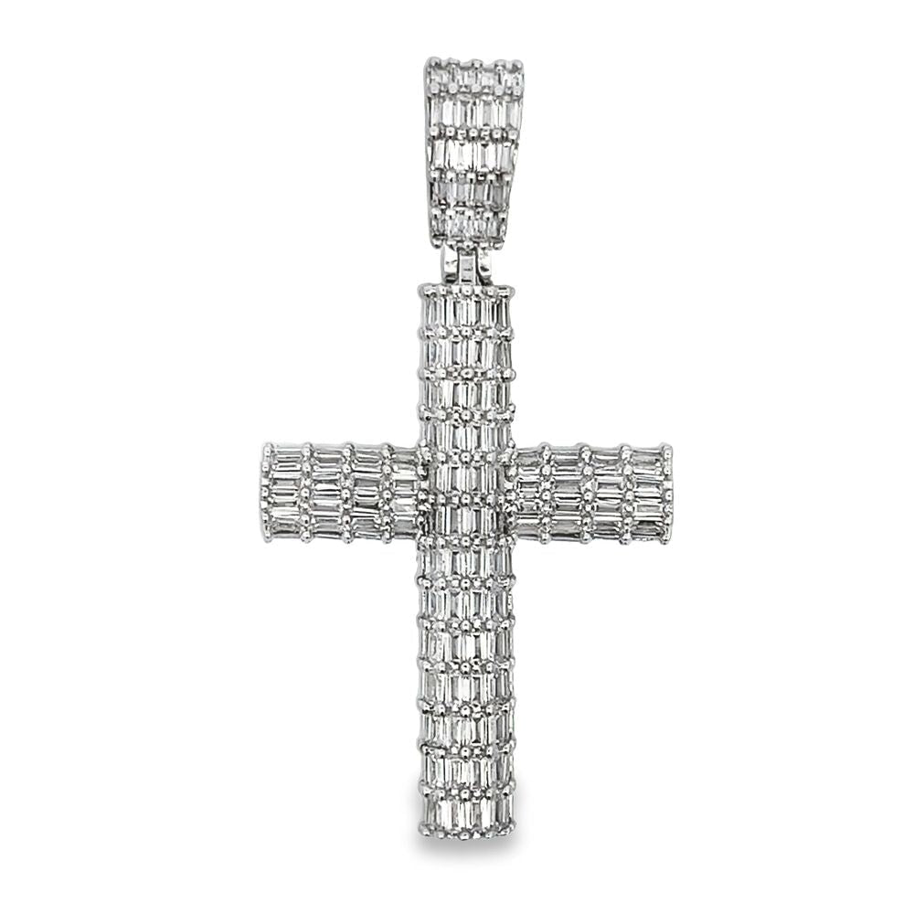Baguette Cylinder Cross CZ Hip Hop Iced Out Pendant White Gold HipHopBling
