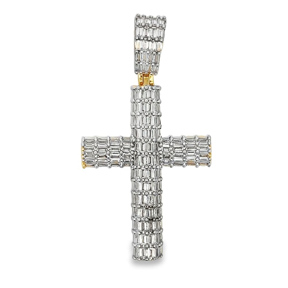 Baguette Cylinder Cross CZ Hip Hop Iced Out Pendant Yellow Gold HipHopBling