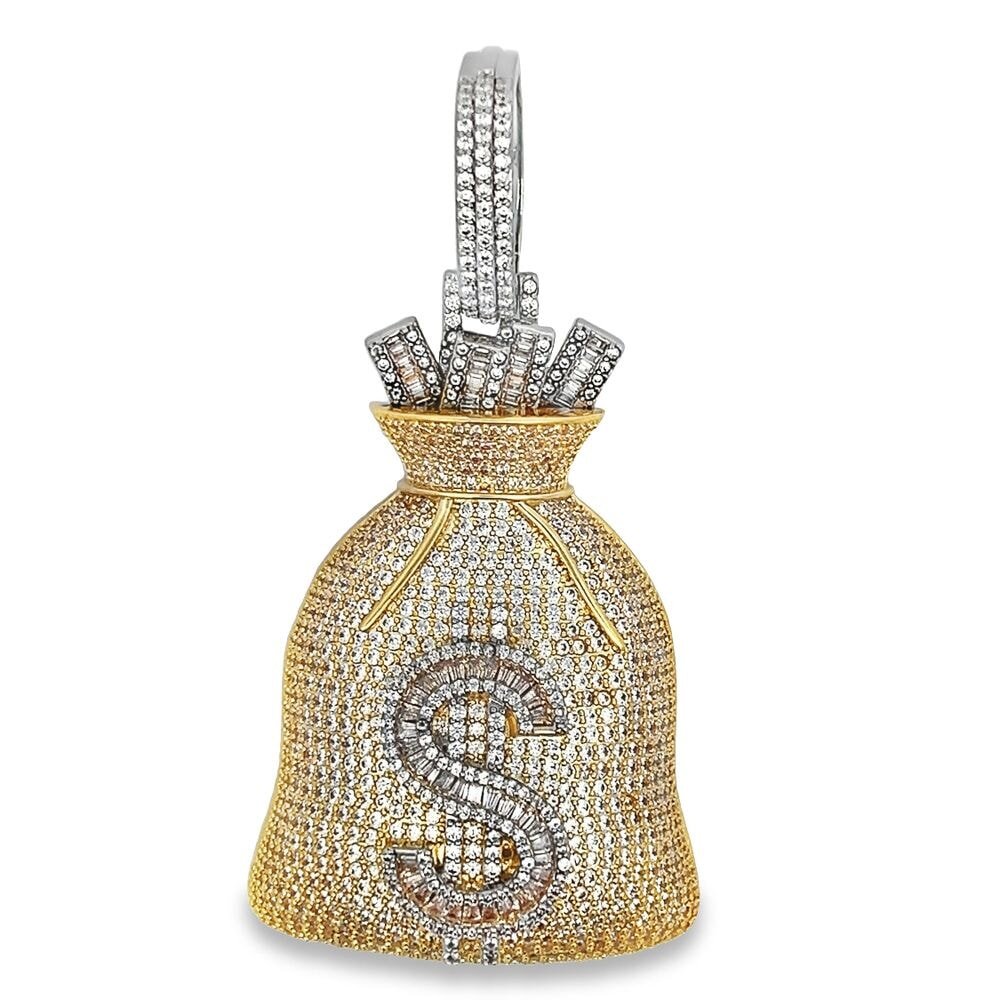 Baguette Money Bag Large CZ Hip Hop Iced Out Pendant Yellow Gold HipHopBling