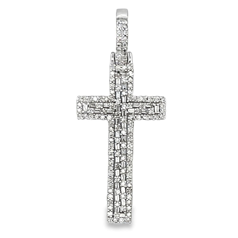 Baguette Tall Cross Diamond 1.16 Carat Pendant 10K White Gold HipHopBling