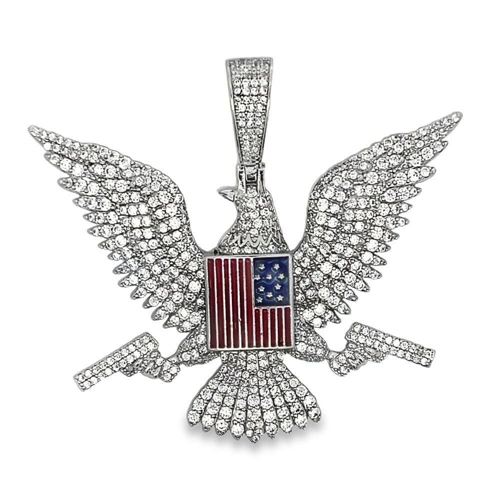 Bald Eagle with Guns CZ Hip Hop Iced Out Pendant White Gold HipHopBling