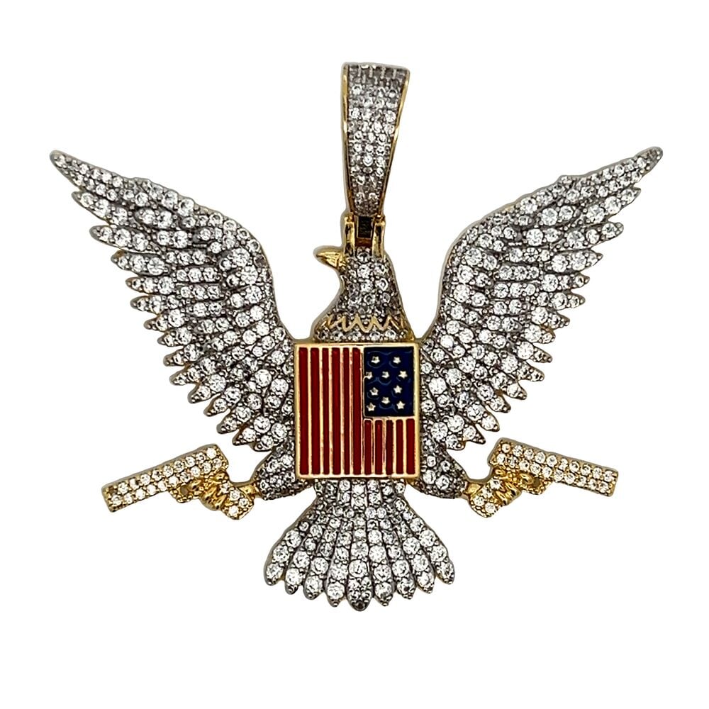 Bald Eagle with Guns CZ Hip Hop Iced Out Pendant Yellow Gold HipHopBling
