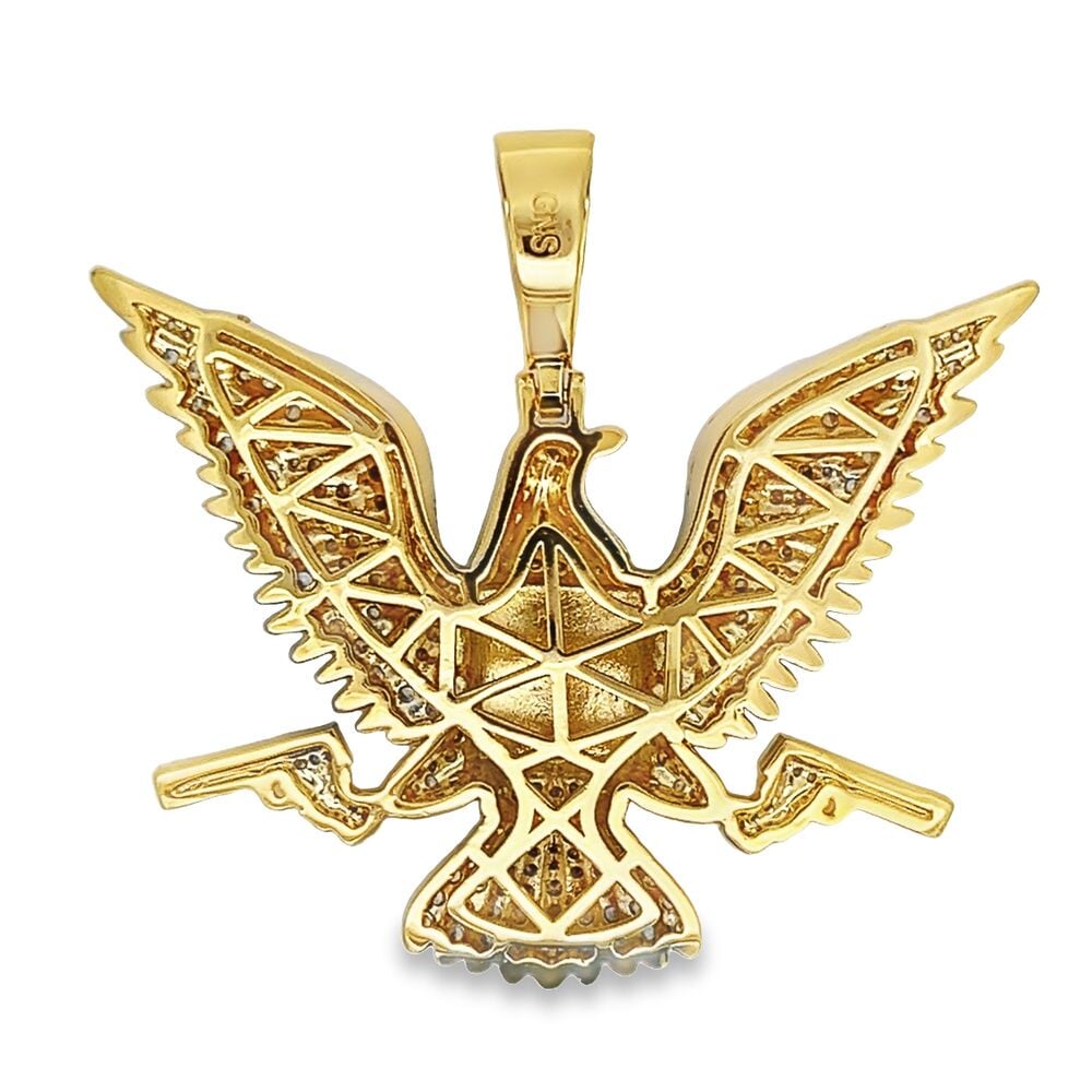 Bald Eagle with Guns CZ Hip Hop Iced Out Pendant Yellow Gold HipHopBling