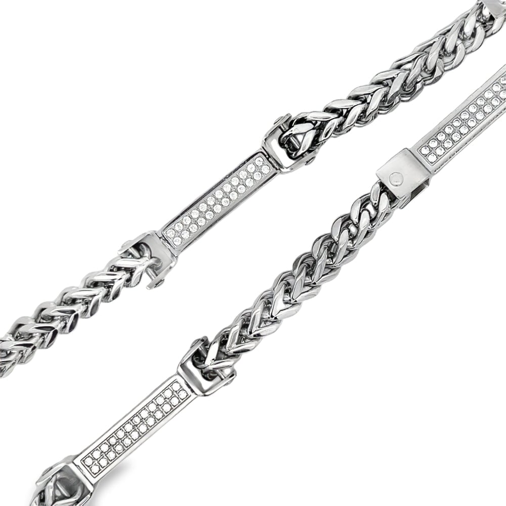 Bars Franco CZ Iced Out Chain Stainless Steel Silver HipHopBling