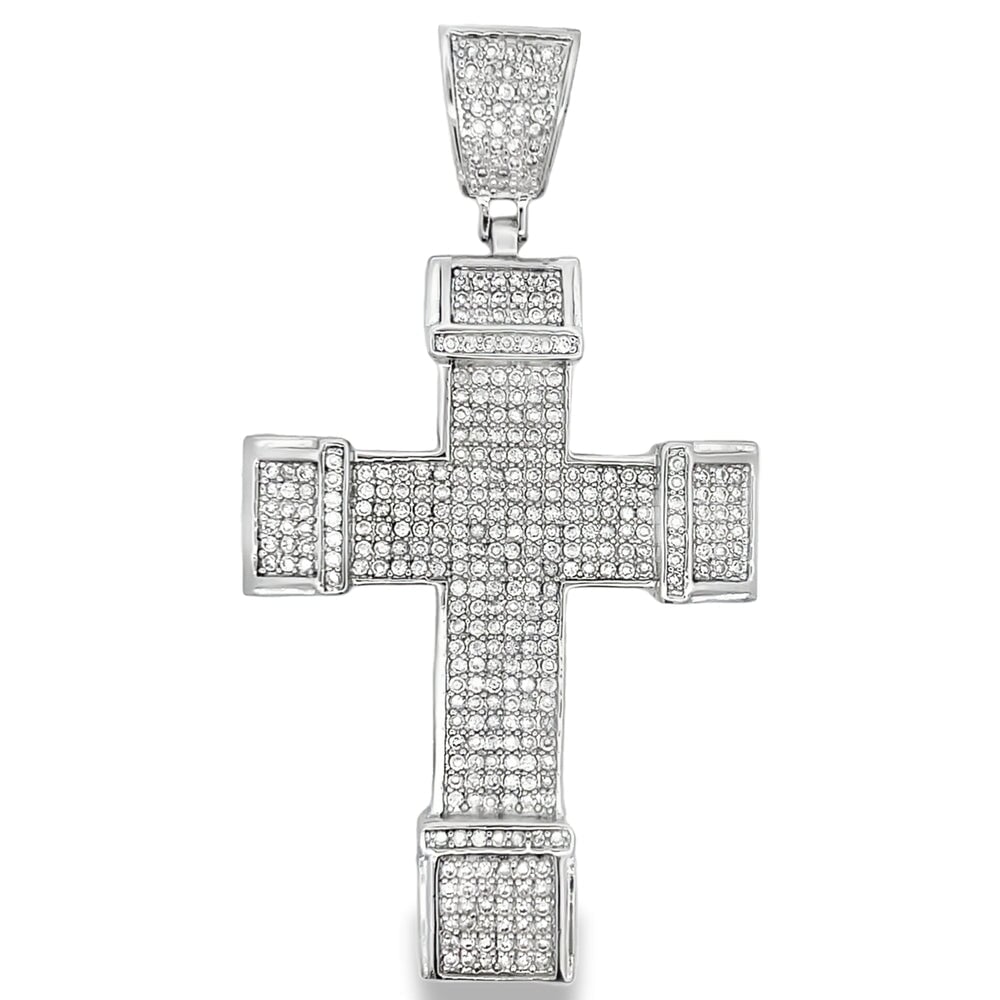 Big Chunk Cross CZ Iced Out Pendant Silver HipHopBling