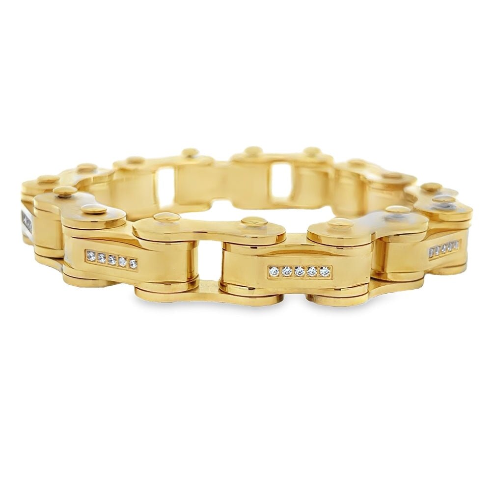 Bike Chain CZ Iced Out Bracelet Stainless Steel Gold HipHopBling
