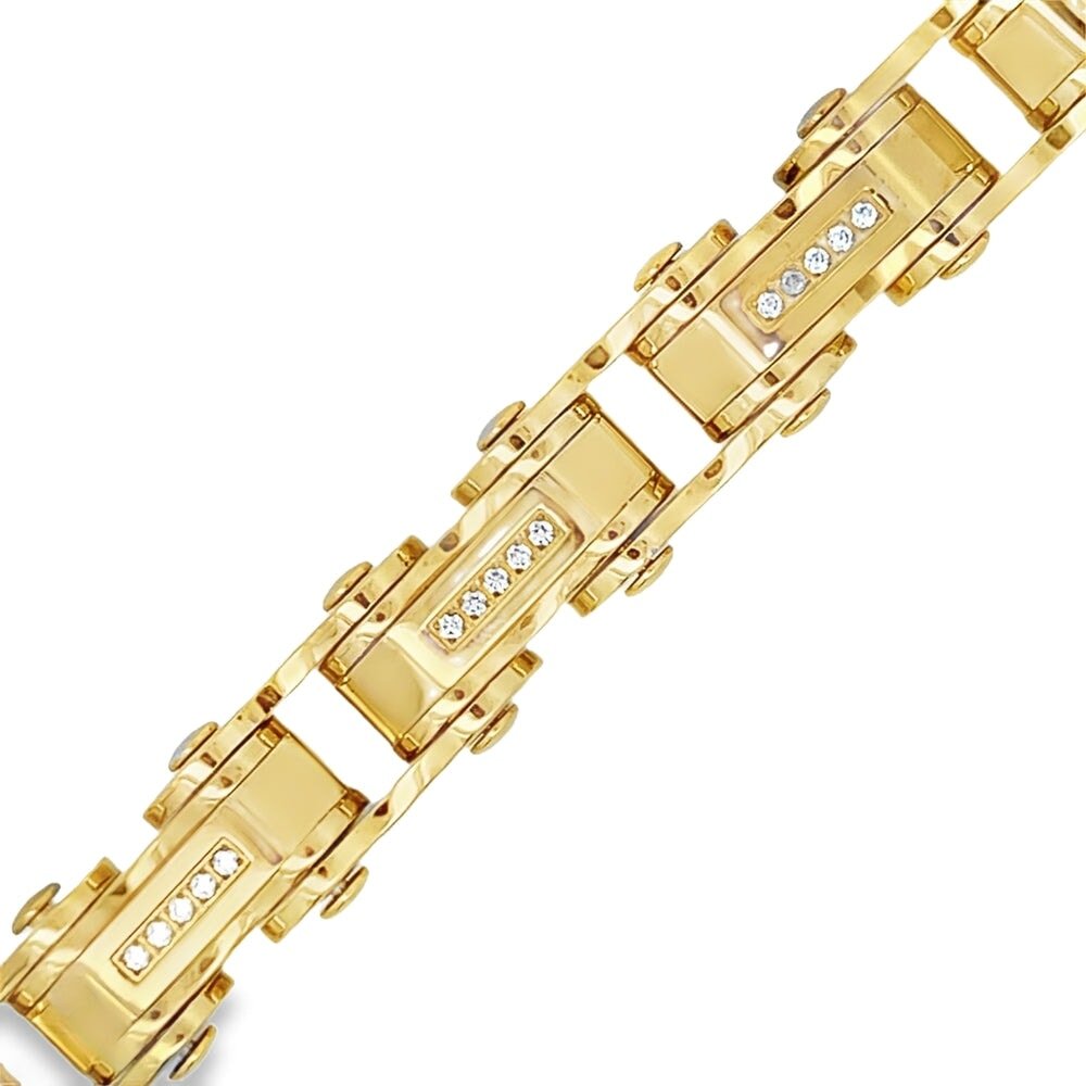 Bike Chain CZ Iced Out Bracelet Stainless Steel Gold HipHopBling