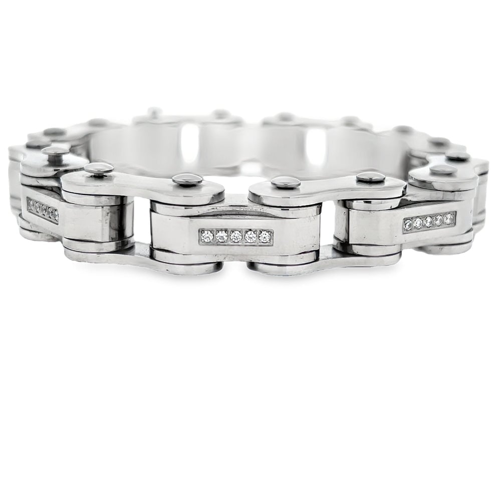 Bike Chain CZ Iced Out Bracelet Stainless Steel Silver HipHopBling