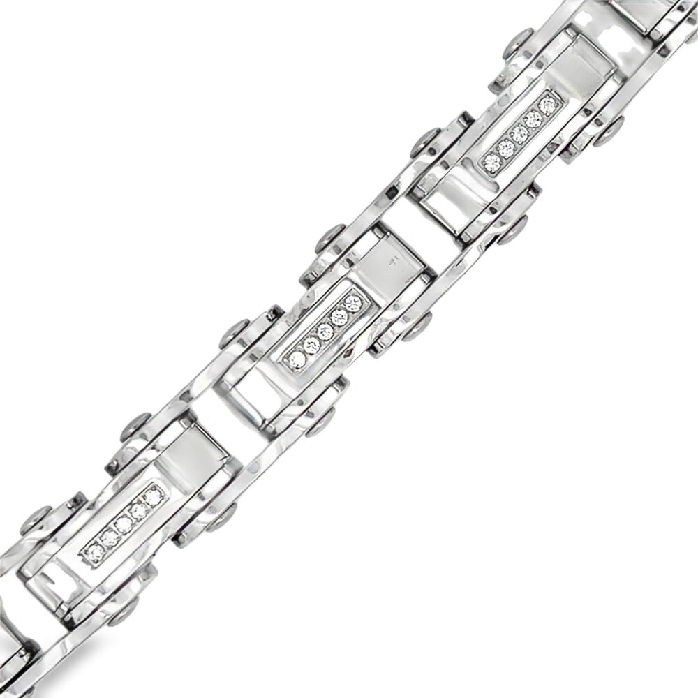 Bike Chain CZ Iced Out Bracelet Stainless Steel Silver HipHopBling