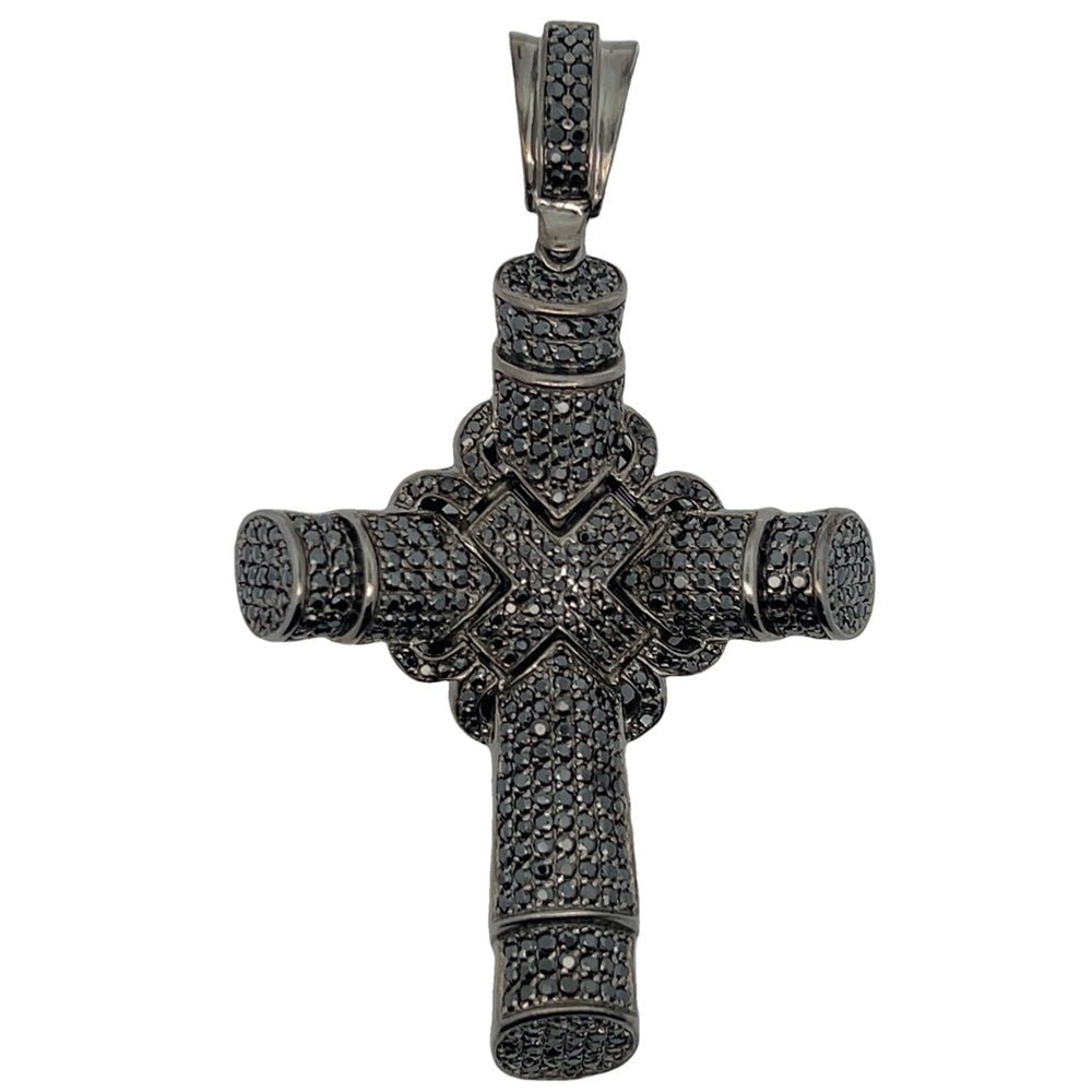 Black Cylinder X Cross CZ Iced Out Pendant .925 Sterling Silver HipHopBling