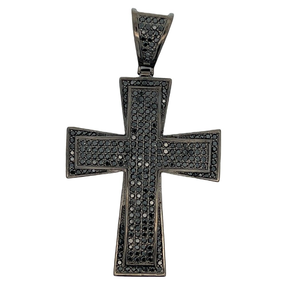 Black Layer Cross CZ Iced Out Pendant .925 Sterling Silver HipHopBling