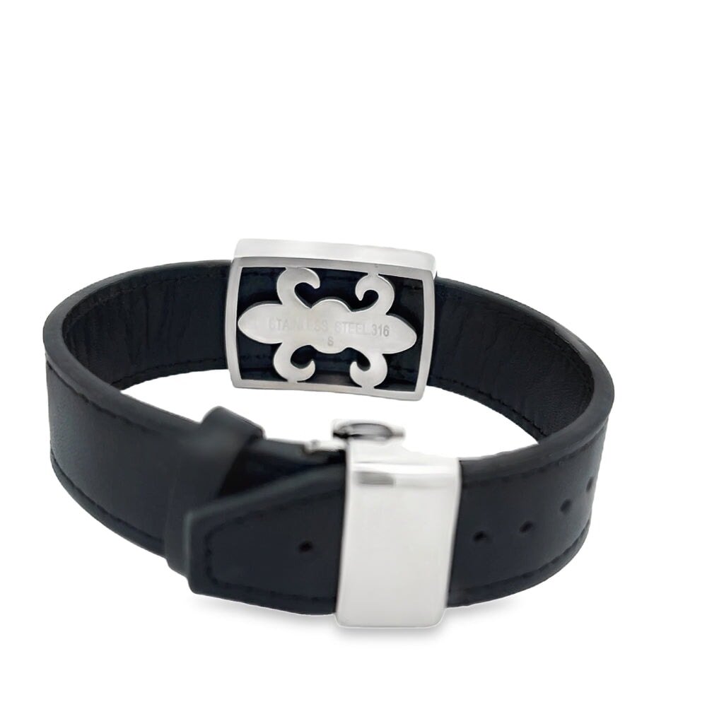 Black Leather ID CZ Iced Out Bracelet Stainless Steel Black HipHopBling