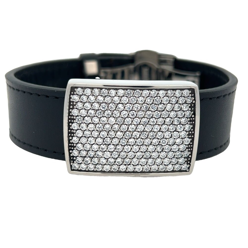 Black Leather ID CZ Iced Out Bracelet Stainless Steel White HipHopBling