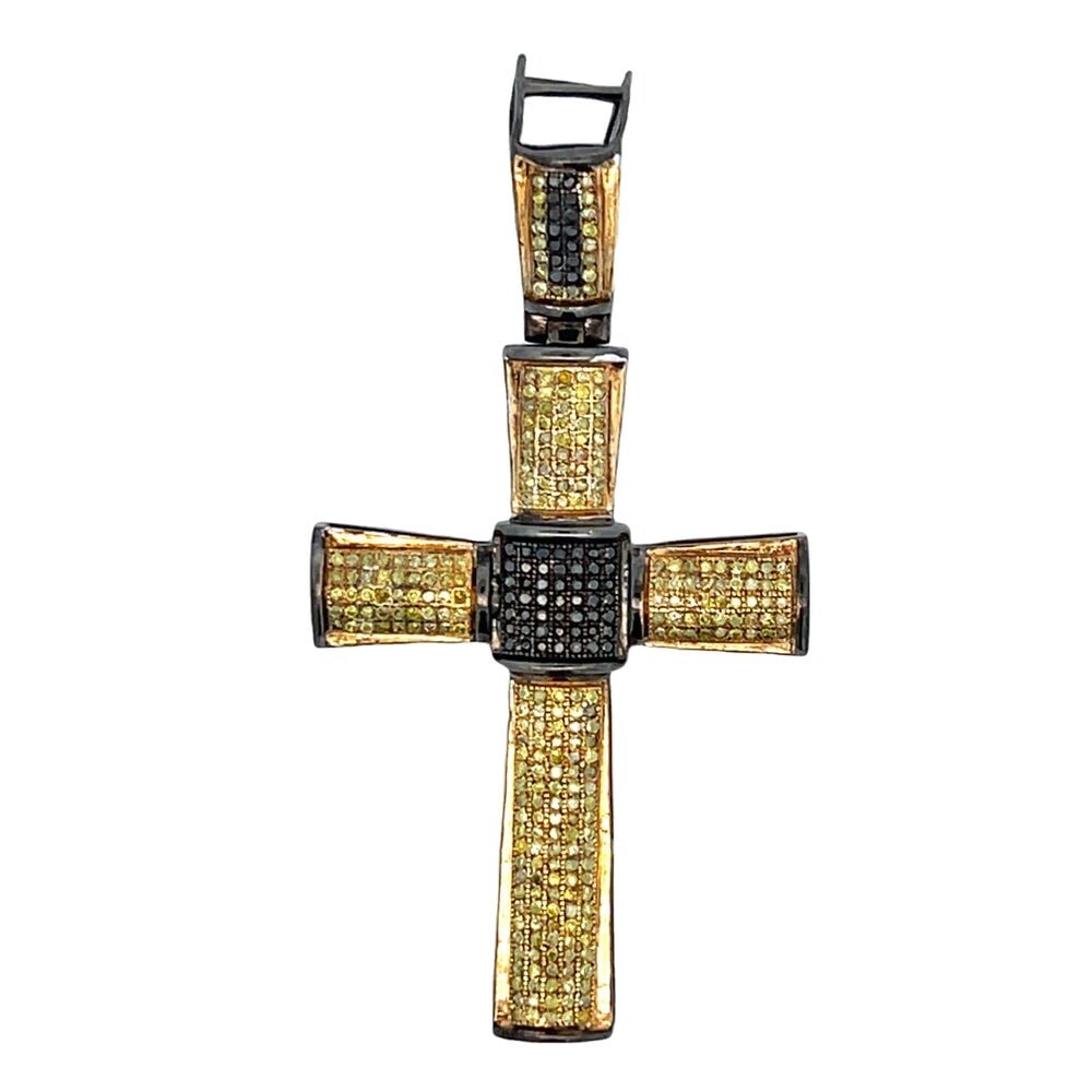 Black & Yellow .96cttw Diamond Cross Pendant .925 Sterling Silver HipHopBling