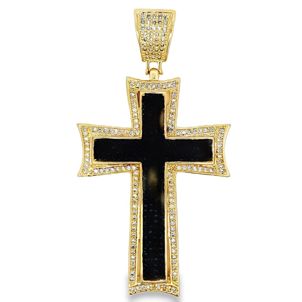 Black & Yellow Concave Cross CZ Iced Out Pendant HipHopBling