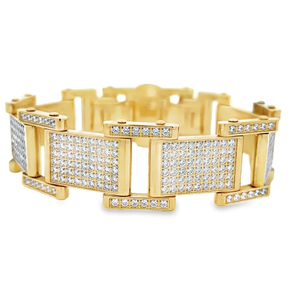 Blocky CZ Iced Out Bracelet Stainless Steel Gold HipHopBling