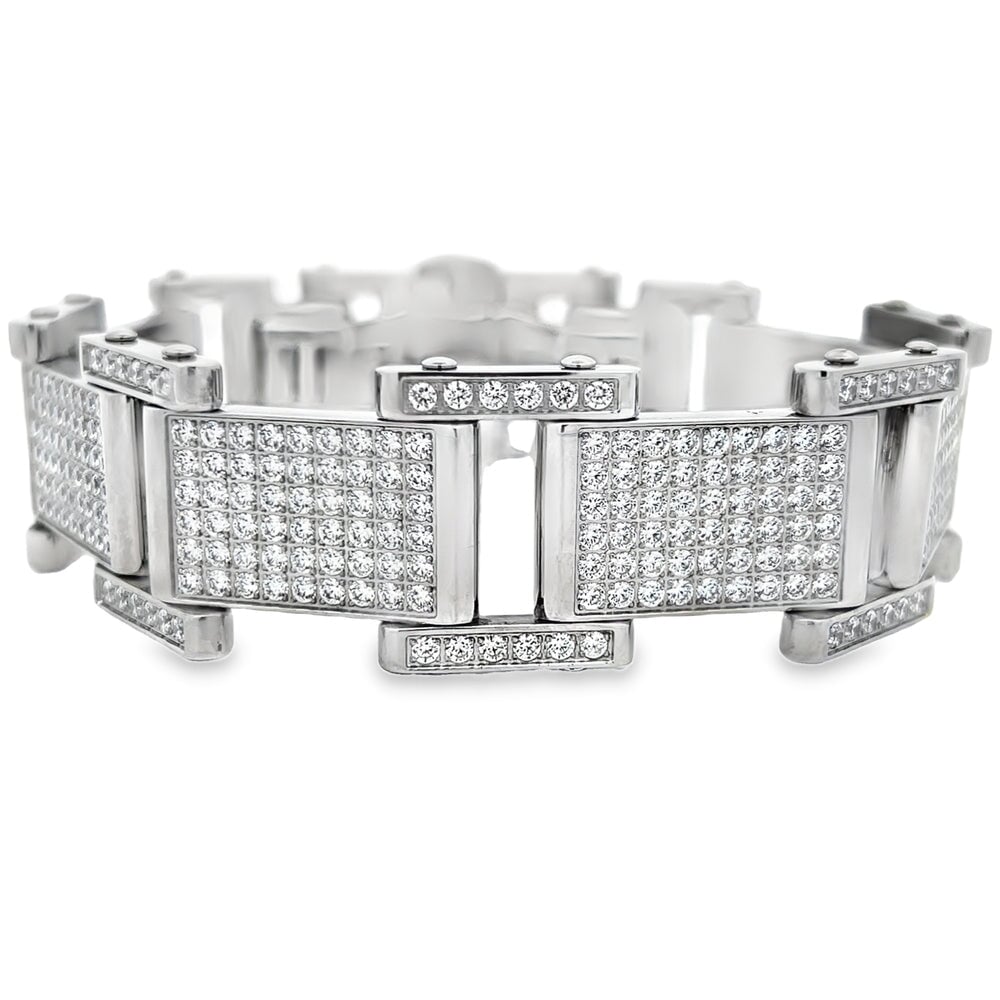 Blocky CZ Iced Out Bracelet Stainless Steel Silver HipHopBling