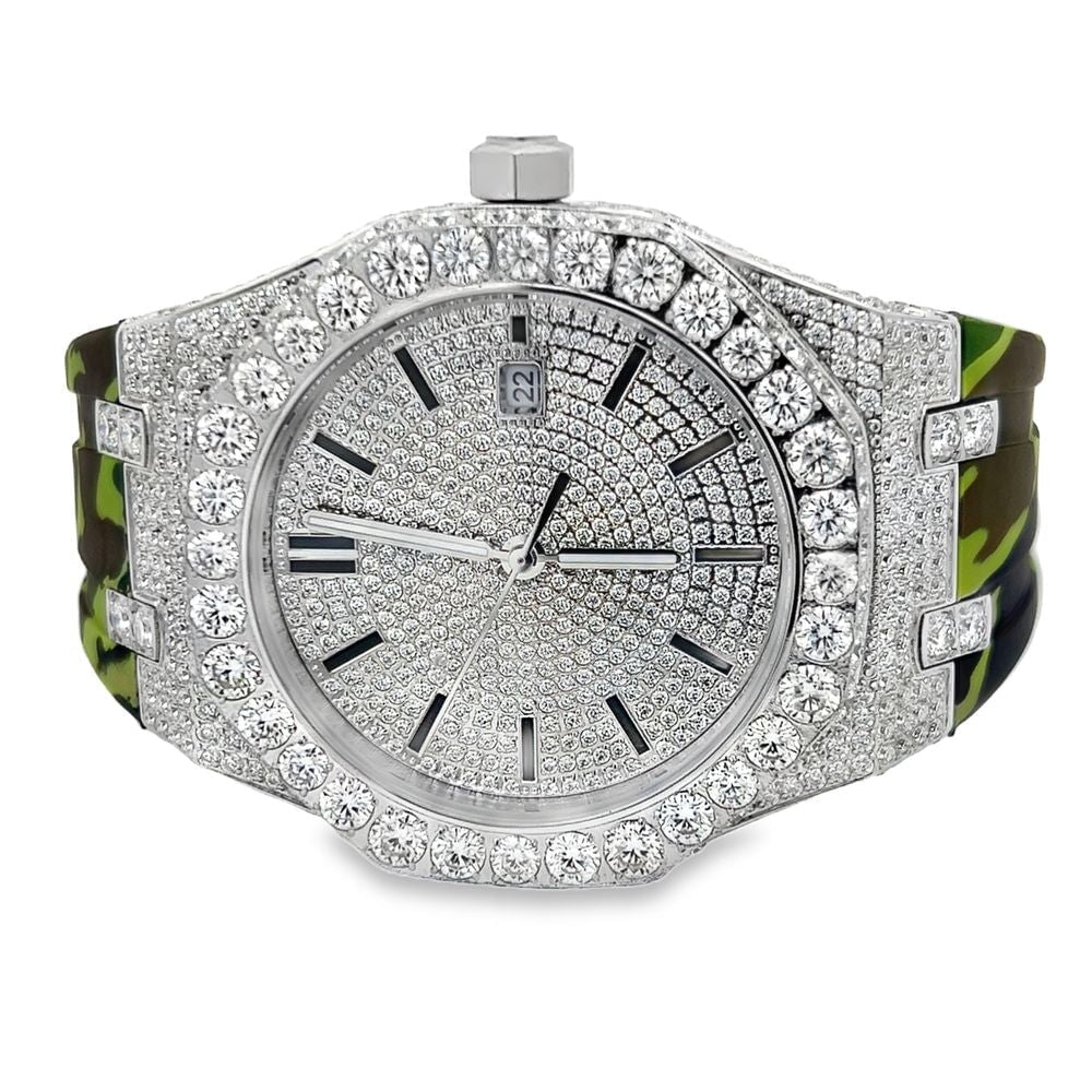 Bust Down Rubber Band Moissanite Steel VVS Iced Out Watch White Gold HipHopBling